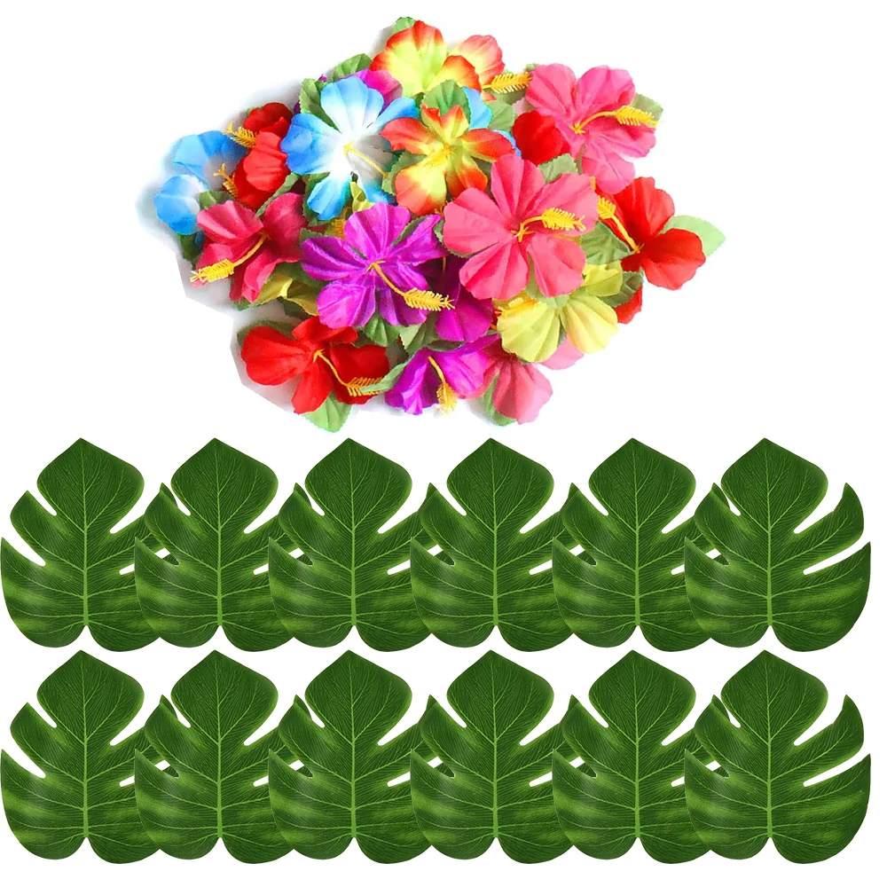 36 Uds hojas de palma Tropical flor de hibisco decoración de fiesta Tropical hoja Artificial hawaiana Luau jungla Safari fiesta de boda