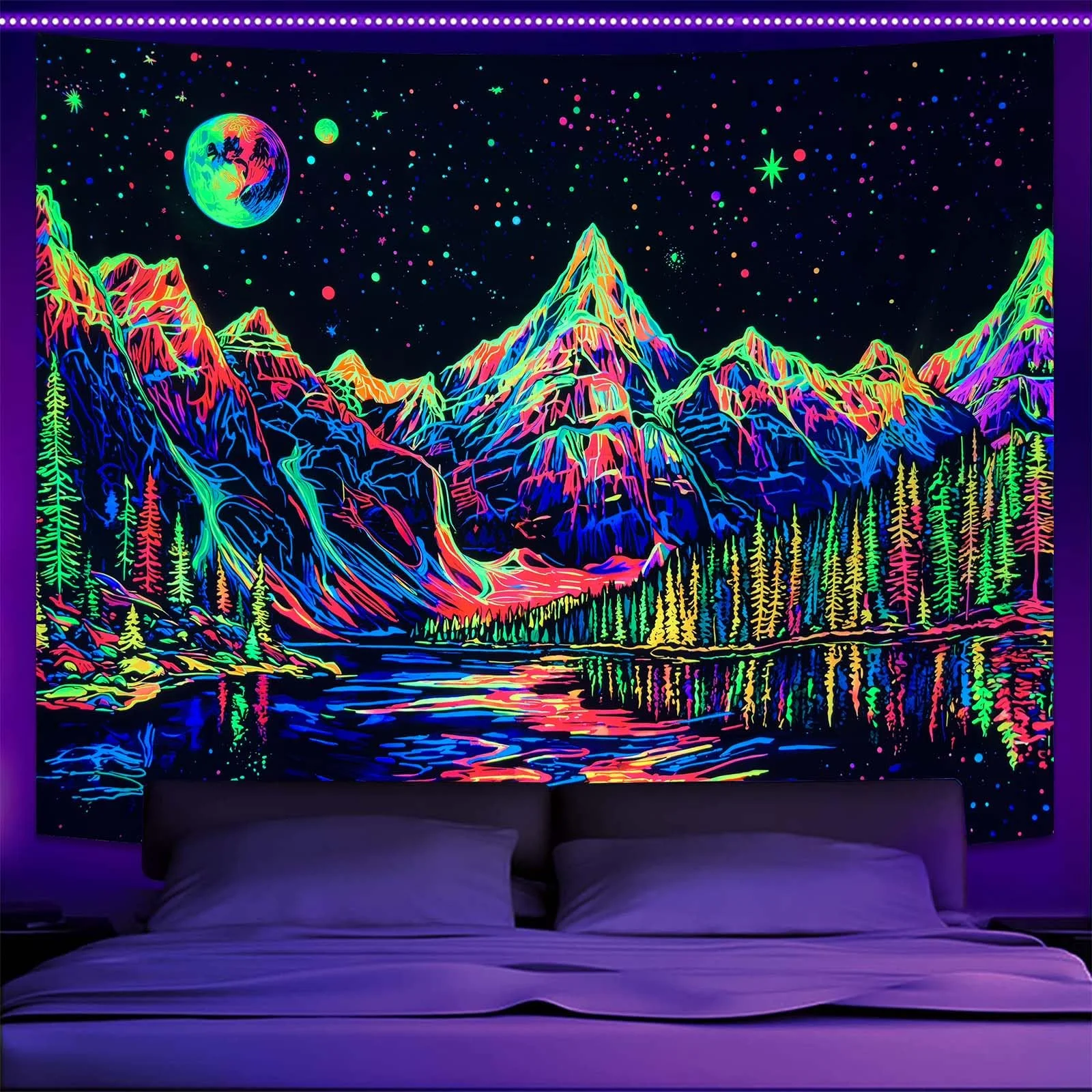 VIKAMA Fluoreszierender Sternenhimmel-Wasserfall-Wandteppich, psychedelischer Wald-Wandbehang für Wohnzimmer, Schlafsaal, Schlafzimmer, Heimdekoration