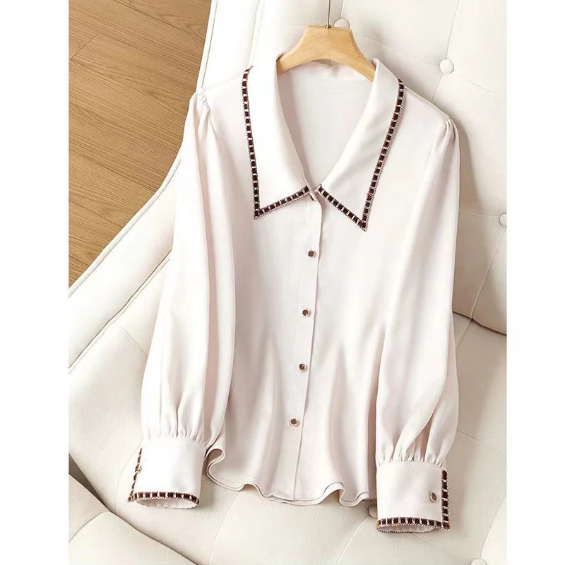 Women's Korean Fashion Elegant Button Up Shirt Autumn Office Lady Temperament Commute Blouse Solid Loose Long Sleeve Tops Blusas