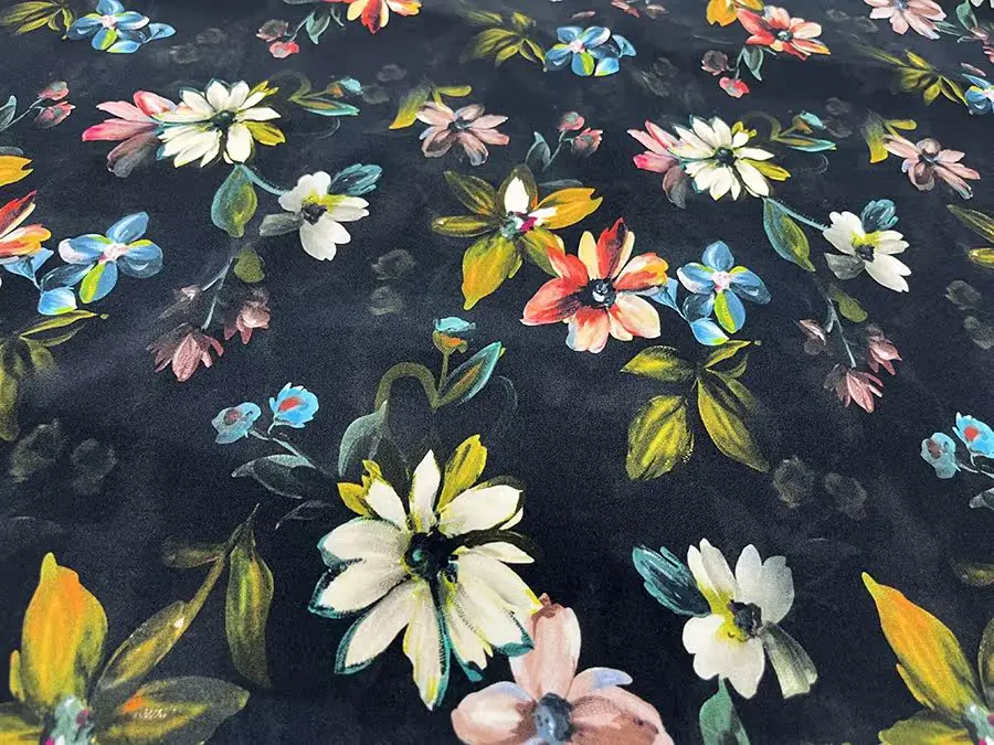 Designer Cloth 30 Momme Silk Stretch Heavy Crepe Fabric Black Background Hazy Pastoral Flowers Inkjet Silk Fabric Dress