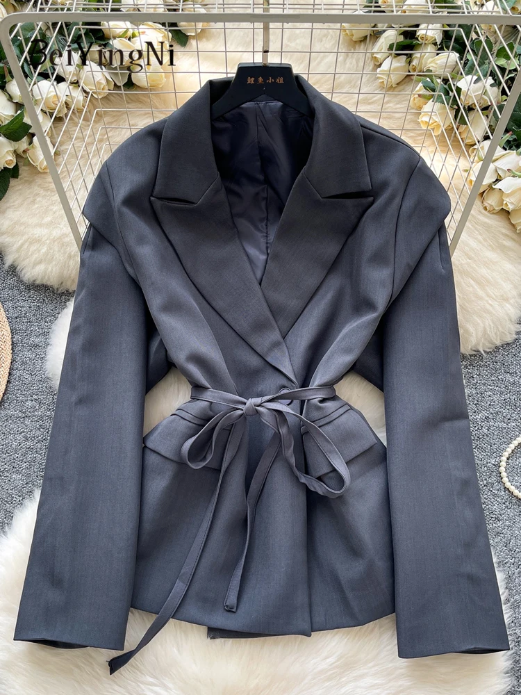 

Beiyingni 2025 Profession Commute Women Casual Coats Sashes Elegant Office Ladies Blazers Mature Autumn Winter Black Gray Blazer