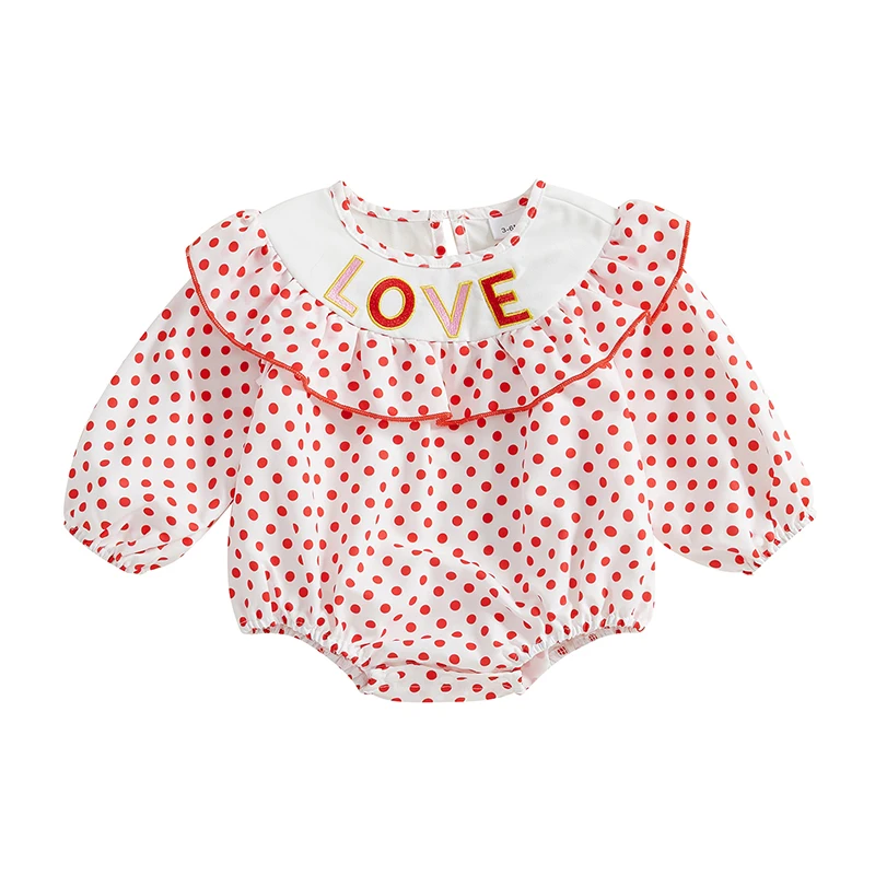 Baby Girl Valentine’s Day Romper Long Sleeve Round Neck Dots Print Ruffle Bodysuit Newborn Outfit