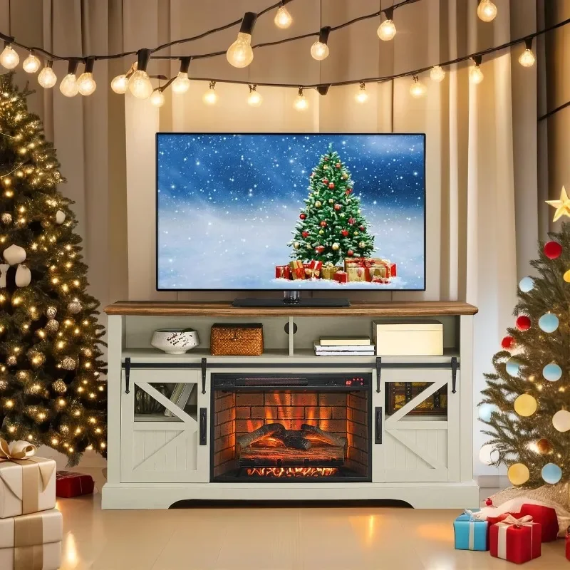 Fireplace TV Stand with 3D Flame Effect and Door Sensor - Entertainment Center with 26 inch Electric Fireplace