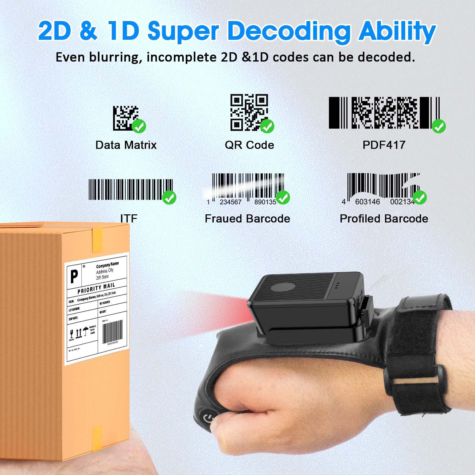 Wearable Bluetooth Wireless 2D Barcode Scanner,Rechargeable Battery,Decode 1D & 2D Bar Codes