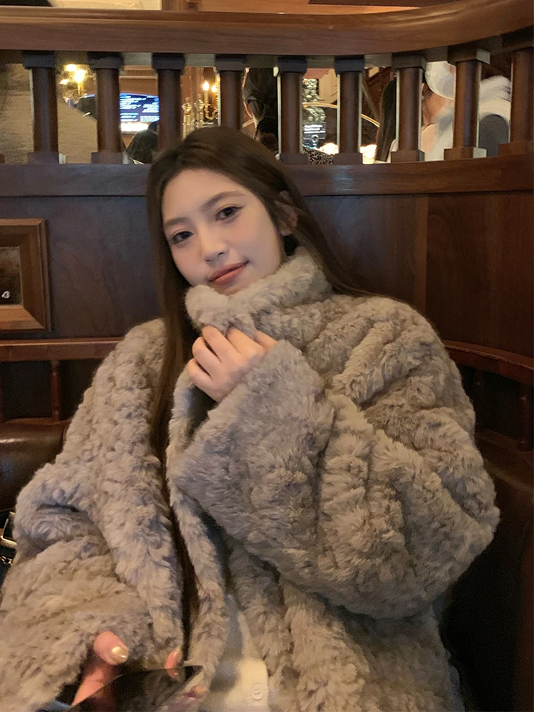 

NAZ Large Size Winter Faion Stand Collar Loose Fur Leather Inteated Environmentally Friendly Fur Outerwear Ele