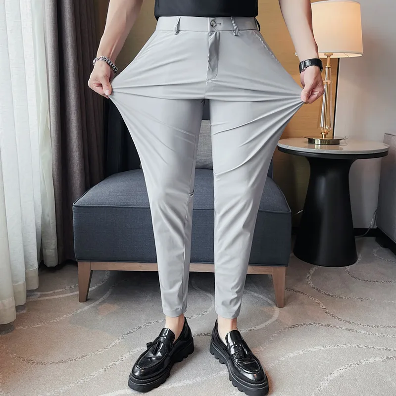 

Summer Trend Thin Casual Ice Silk Nine-point Pants Top Quality Men's High Stretch Suit Pants Men Casual Slim Trousers 29-36