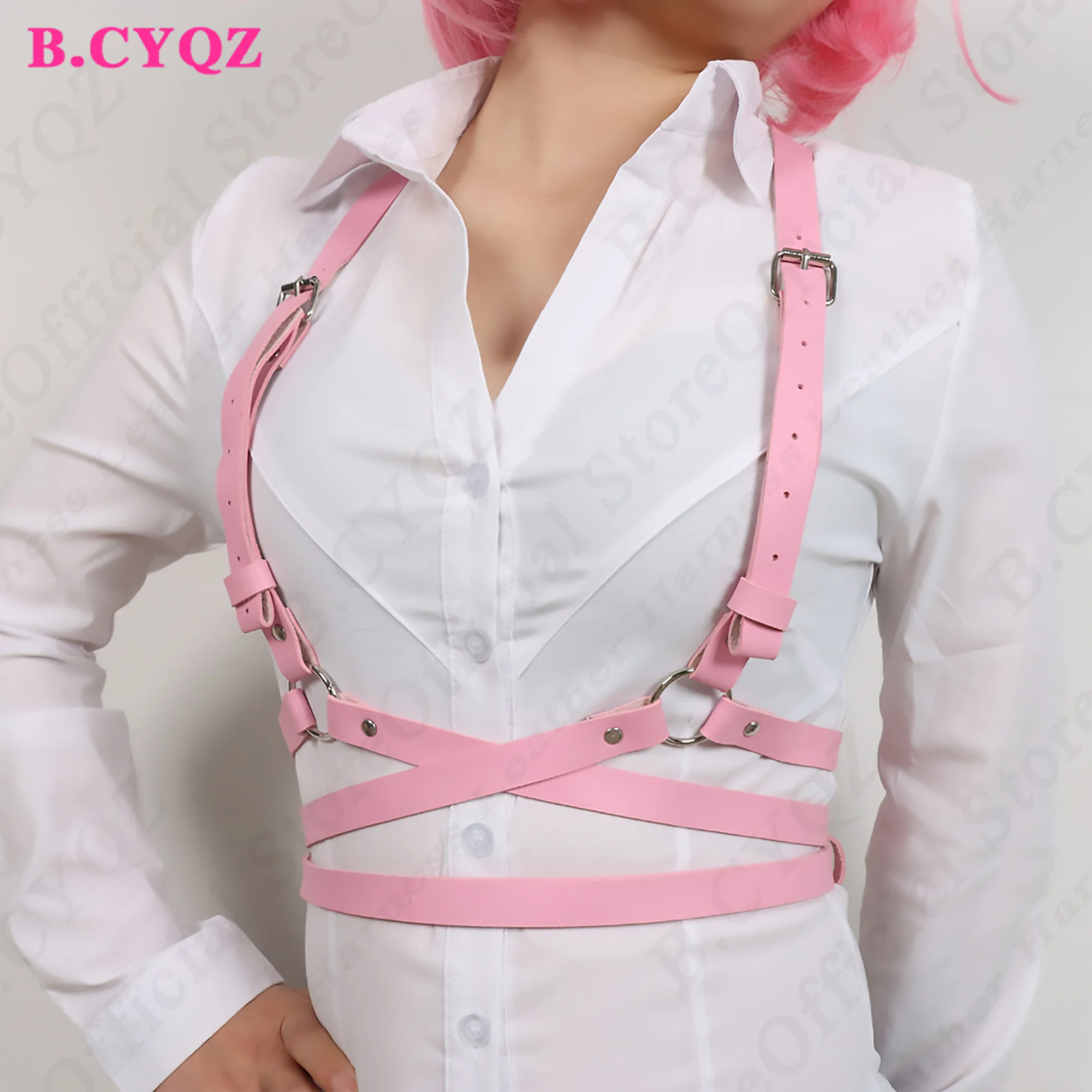 Sexy Pink PU Leather Harness Belt Fashion Chest Harness Bondage Suspenders Women Goth Lingerie Fetish Clothing Rave Accessories