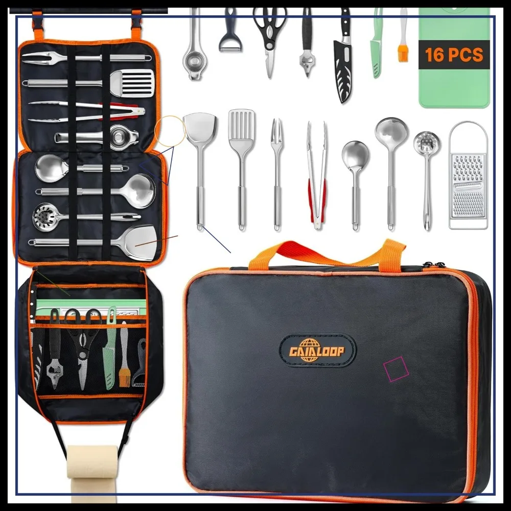 

16-Piece Portable Camping Cookware Set, Stainless Steel Utensils with Storage Bag for Outdoor Cooking