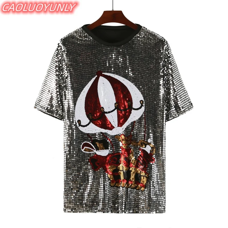 

Summer High Quality Streetwear Short Sleeve Sequins Cartoon Patchwork T-Shirt Hip Hop Round Neck Straight Loose Women's Wears