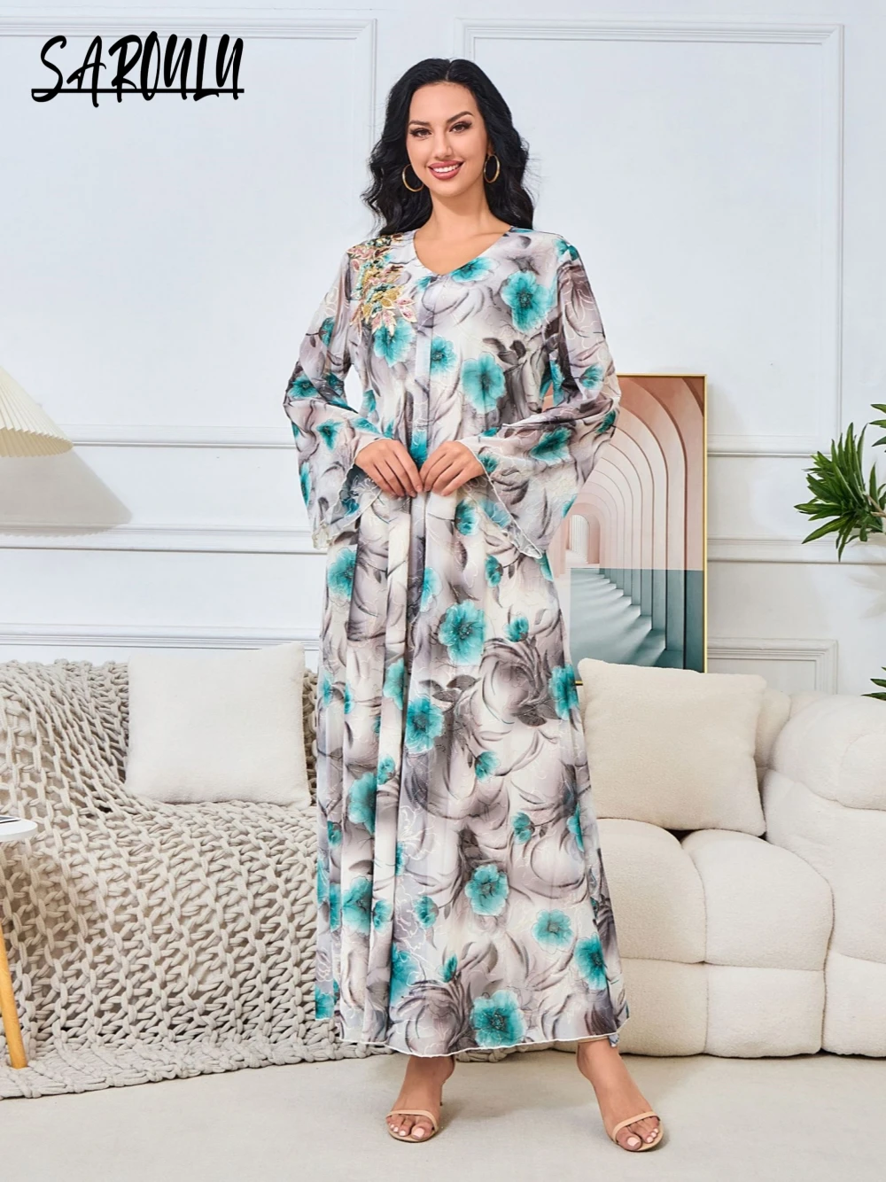 Kaftan Flower Printing Classy Evening Dress Muslim Dubai Elegant Formal Banquet Prom Gown Customized Women Caftan A Line Wear