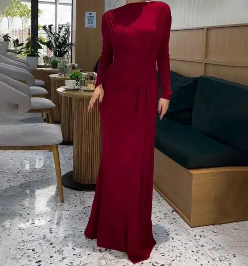 

Women Dress 2025 Spring and Summer Elegant New Sexy Fashionable Round Neck Pleated Waist Slimming Solid Color Temperament Dress