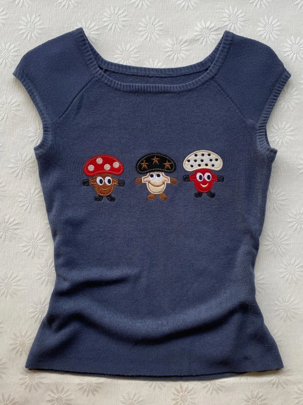 

Original Blue Cartoon Patchwork Knitted T-irt Women's Summer Vintage Casual Sle Cotton Blend ort Sve round Ne Top