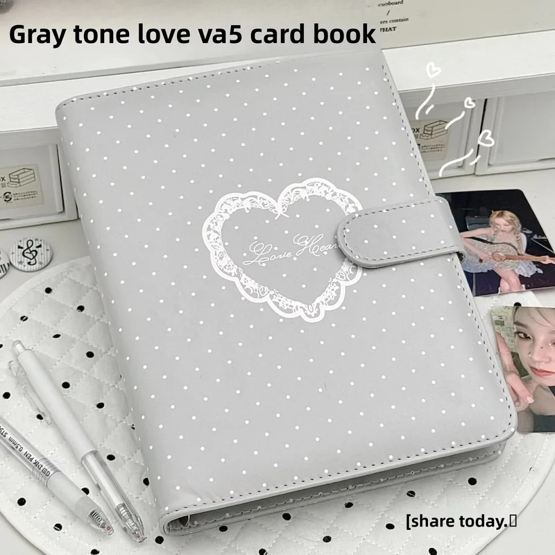 A5 Silver Gray Polka Dot Heart Magnetic Binder Card Album for Student Fan Card Storage Stationery
