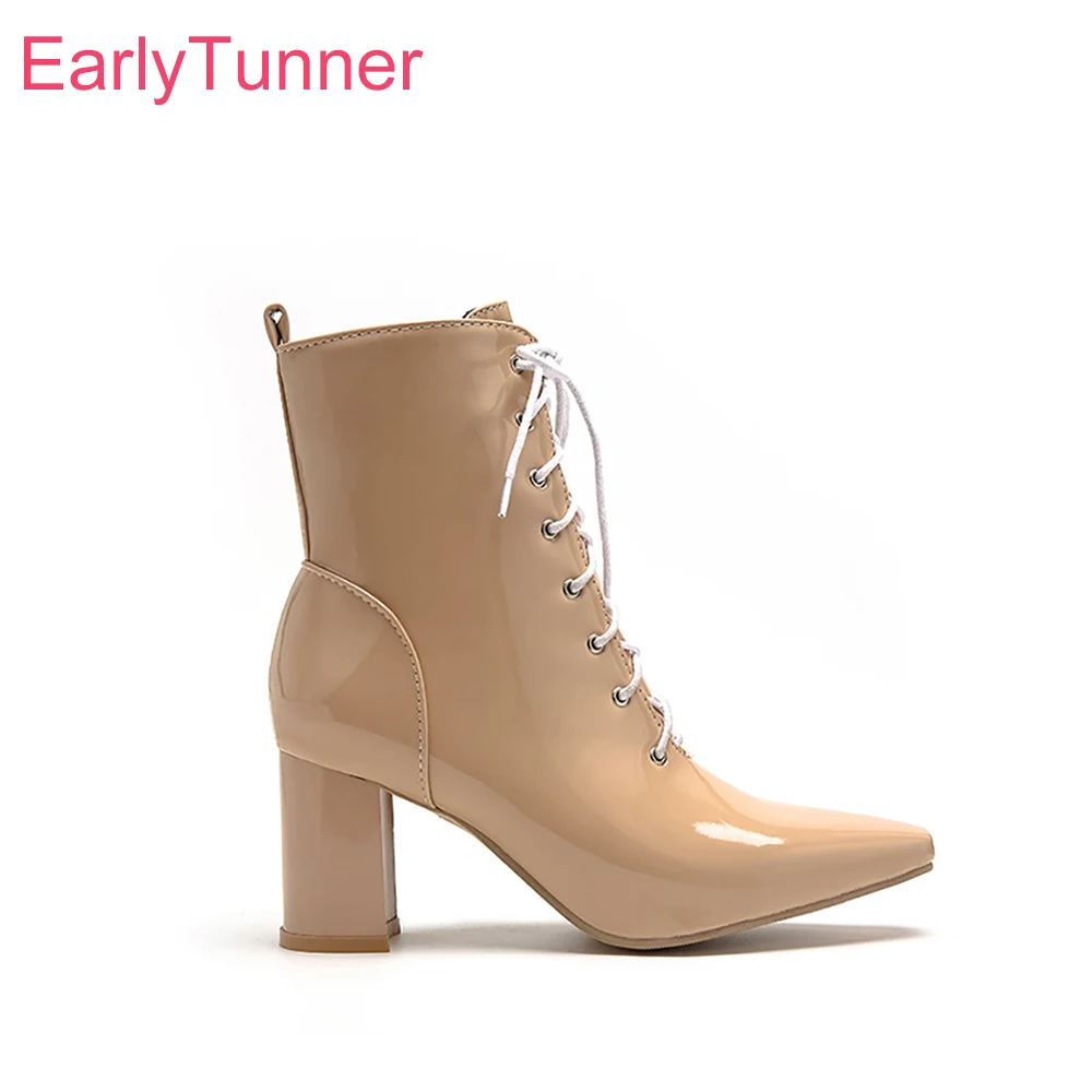 

Новые зимние женские ботильоны абрикосового цвета для взрослых, черные женские туфли телесного цвета на высоком блочном каблуке, большие размеры 12, 43 45, 47