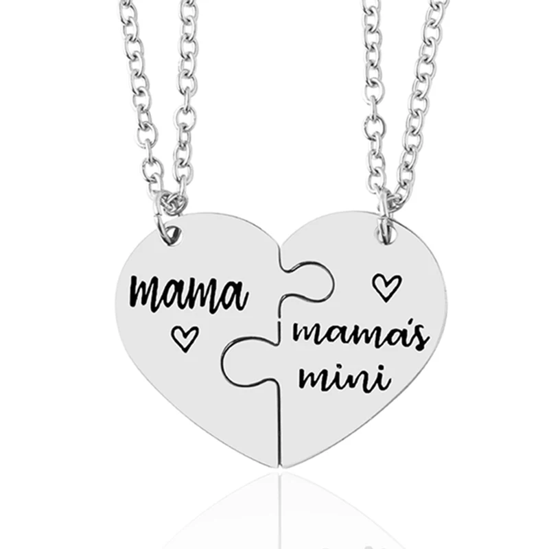 2 Pcs/Set Dad Daughter Mother Necklace Stainless Steel Heart Puzzle Pendant Necklace