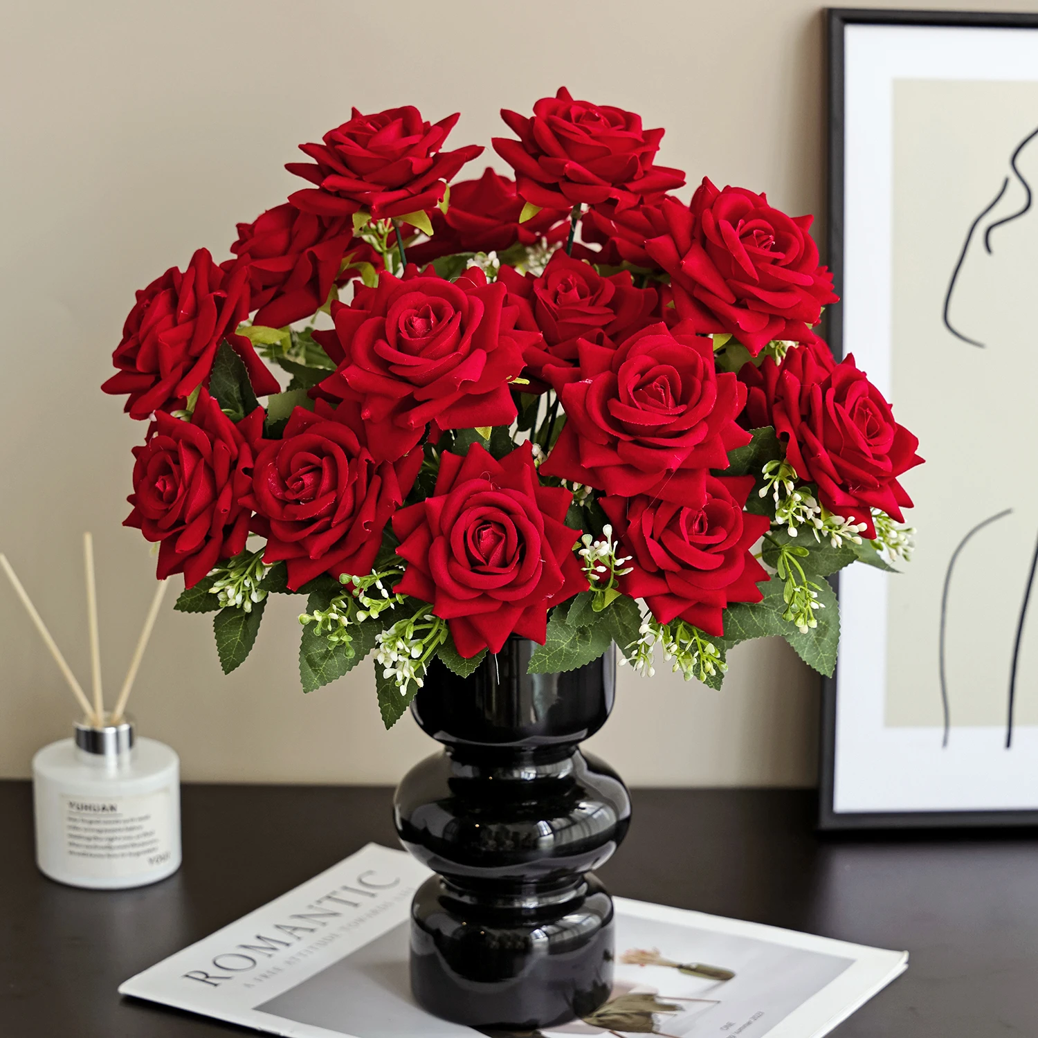7 têtes de fleurs artificielles en soie, petites roses rouges à cornes, pour mariage en extérieur, fête de jardin, bouquet de mariée, décoration de vase de table à domicile, bricolage