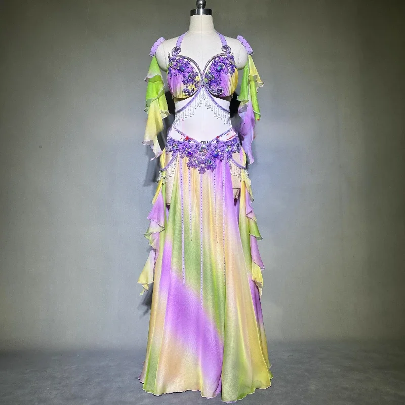 

BellyDance Performance Costume High End Custom Made AB Stones Bra+Sleeves+Satin Long Skirt 3pcs Oriental Dance Performance Wear