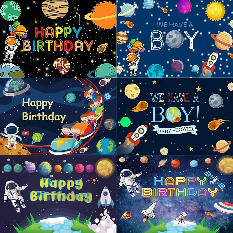 

Earth Universe Space Planet Backdrop Boy Sky Astronaut Happy Birthday Party Photography Background Photocall Photo Banner