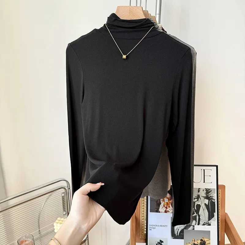 Yuyue Women\'s High-necked High Strecth Bottoming Shirt Old Money Style Silk Pile Collar Base Top Contain Mulberry Silk and Wool