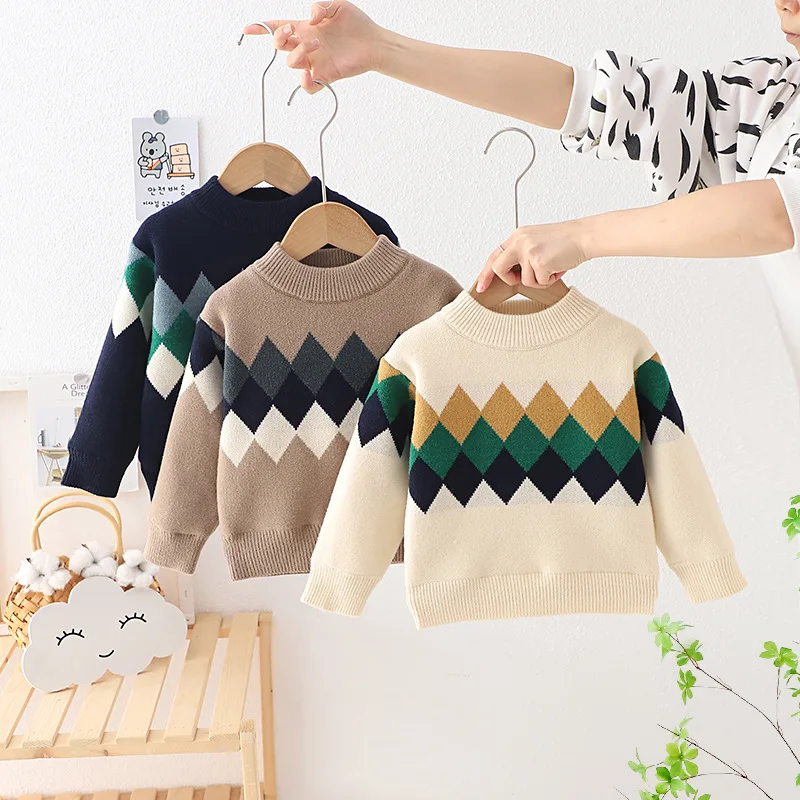 Baby Autumn Winter Boys Knit Sweaters Plaid Pullover Kids Sweaters Infant Clothing Toddler Boy Winter Tops Base Shirt FY11102