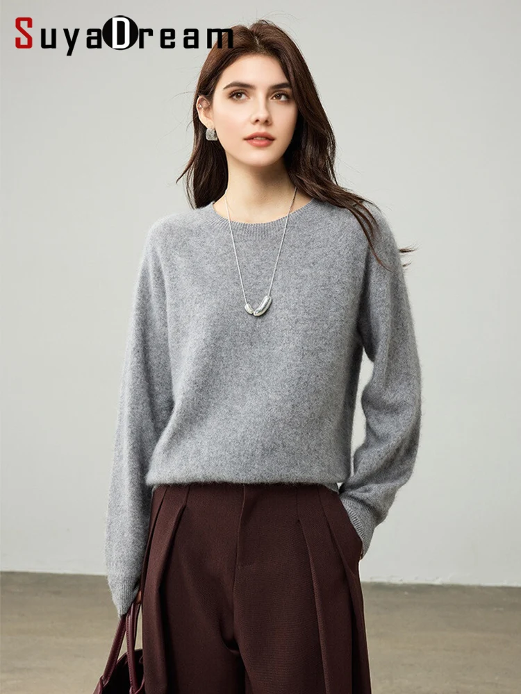 SuyaDream, Women Fleece Pullovers, O Neck, 3.5%Cashmere 96.5%Wool, Chic Warm Sweaters, 2025 Fall Winter Solid Top, Wine, White