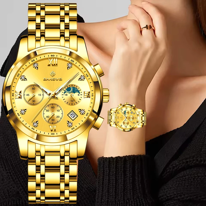BANGWEI 2026 New Gold Quartz Watch Women Creative Steel Women's Bracelet Watch Top Brand Luxury Luminous Chronograph Reloj Mujer