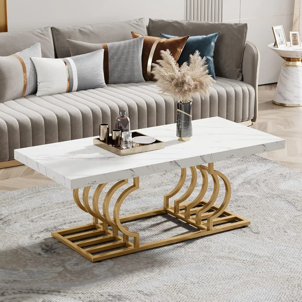 Modern Coffee Table, 47 Inch Faux Marble Cocktail Table with Geometric Frame, Rectangular Center Table Tea Table Accent Furnitu