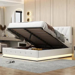 Letto imbottito bianco, letto matrimoniale 140x200 cm, con rete a doghe, rivestimento in pelle artificiale, illuminazione a LED, letto sollevabile idraulico