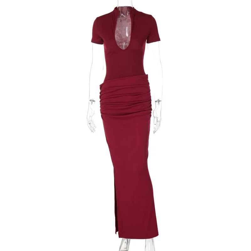 Fashionable Sexy Deep V-neck Stitch Long Skirt Long Skirt Summer Short-sleeved Dress Ladies Slim Floor-standing Party