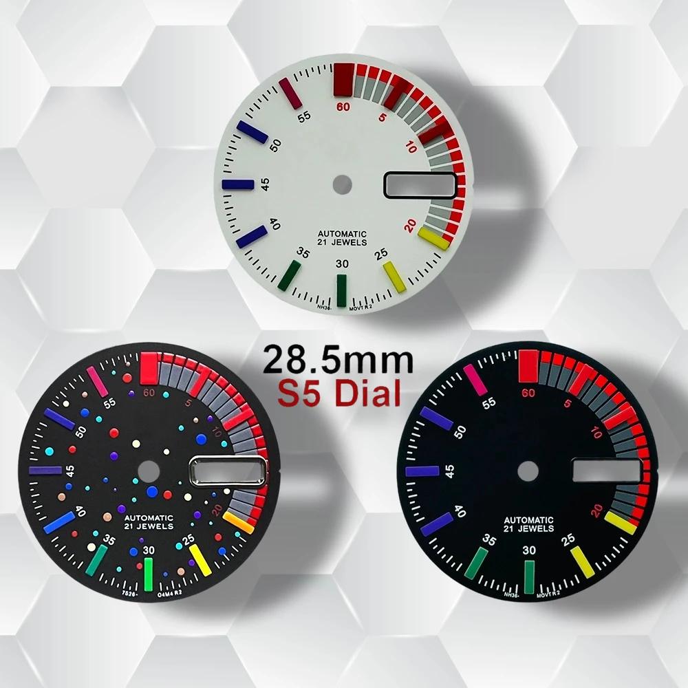 

28.5mm S 5 Logo Colorful Dial Suitable for NH36/4R36 Movement Dual Calendar High-Quality Watch Modification Accessories