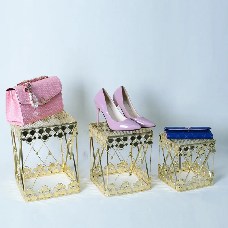 Gold wrought iron cover three tabletop lace water table display stand, bag shoe display stand