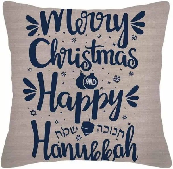 Throw Pillow Covers Festival Hand Written Lettering with Text Happy Hanukkah and Merry Christmas Hanuka Pillow Case 18x18 Inch