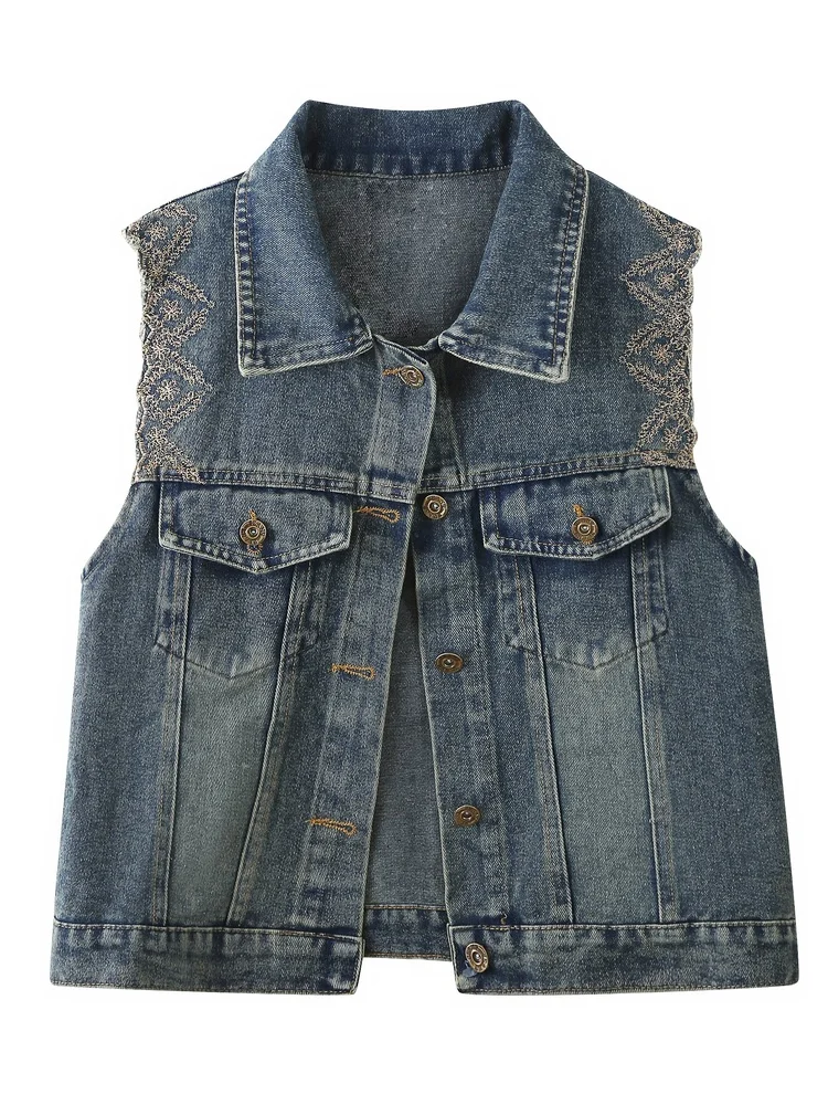 

Джинсовый кружевной жилет с вышивкой в стиле ретро, женский осенний модный воротник из смеси хлопка, универсальный многослойный топ