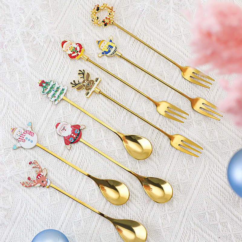 Stainless Steel Christmas Dessert Spoon Fork Creative Cartoon Cute Tea Coffee Spoon Fork Spoon Spoon Gold Kitchen Accessories