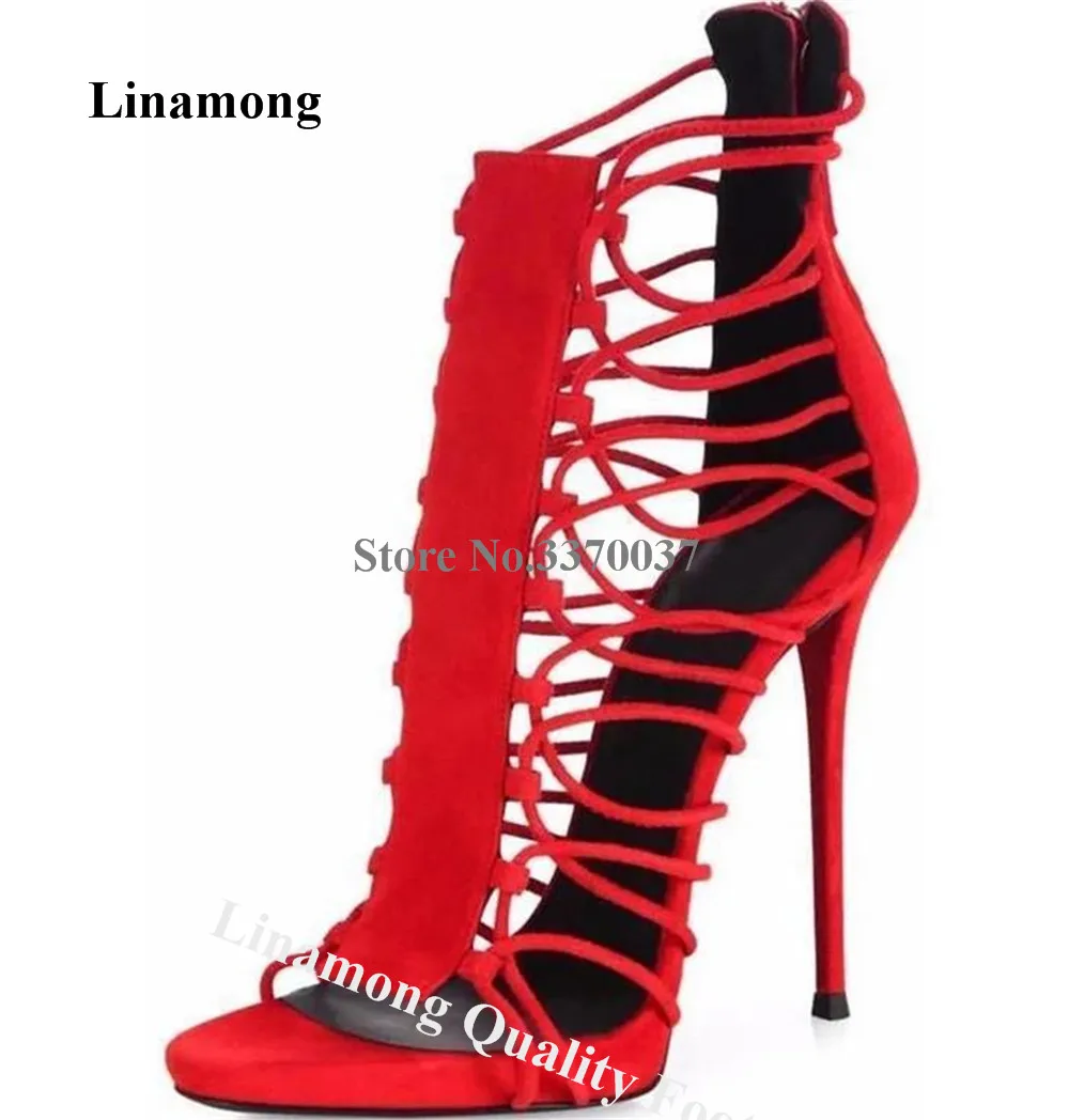 Linamong Red Gold Blue Narrow Straps Cross Stiletto Heel Gladiator Sandals Open Toe Cut-out Back Zipper-up Thin Heel Dress Shoes