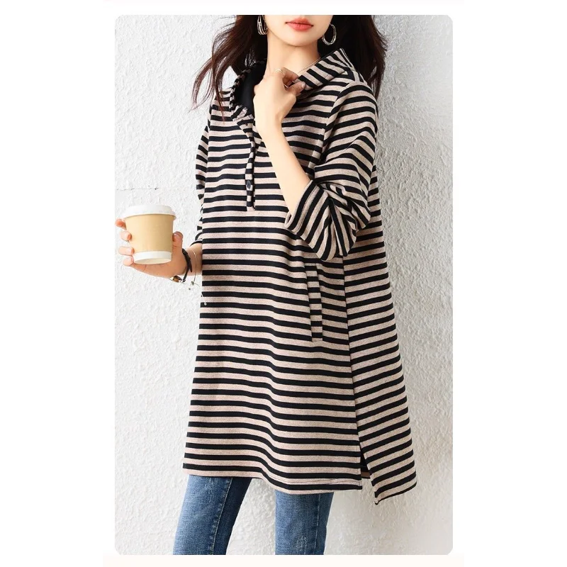 Mode gestreept sweatshirt met capuchon Dames 2025, nieuwe herfsttemperament, slanke halflange top