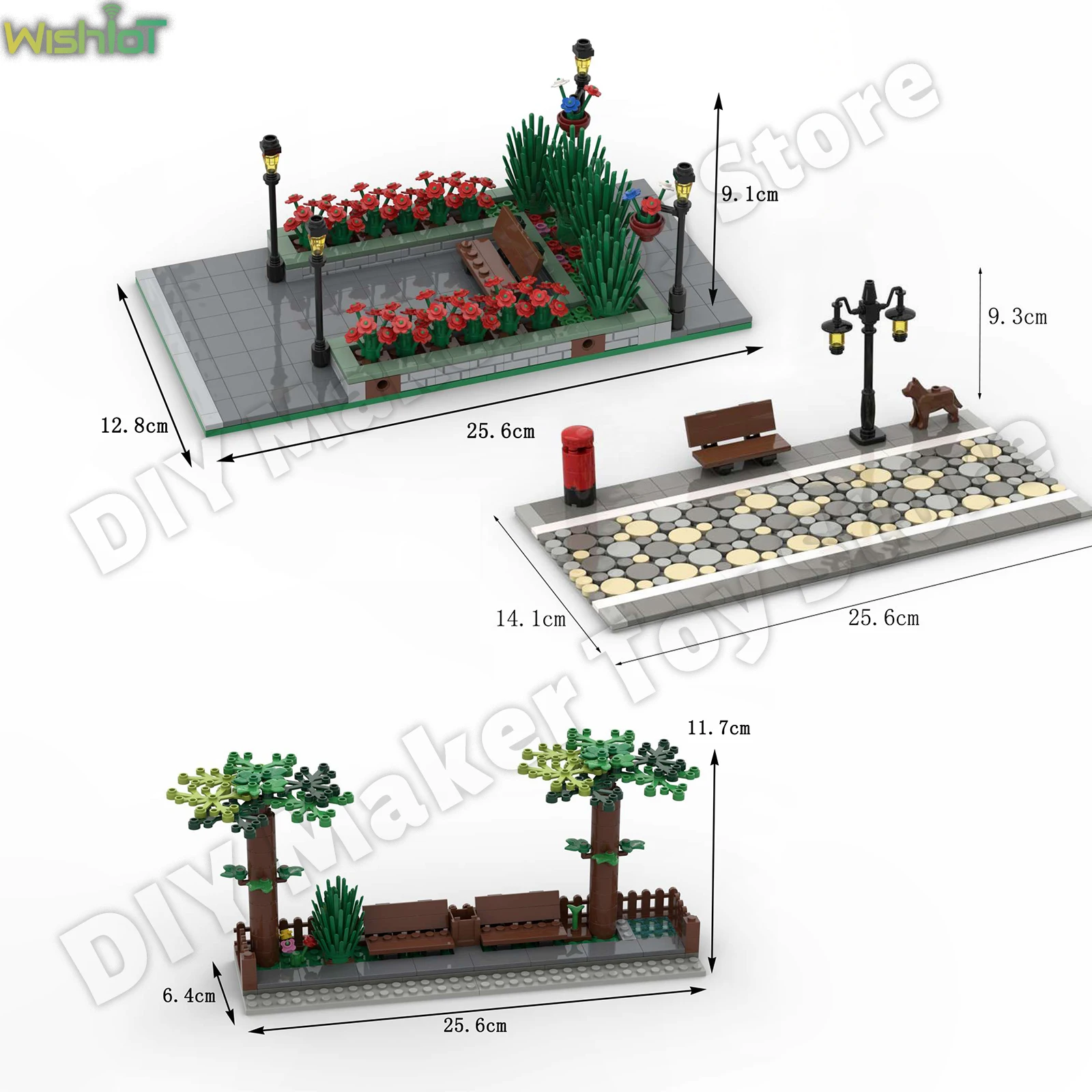

MOC City Urban Road Scenery Street View Building Blocks Park Corner Streetlights Flowers Benches Tree Kids DIY Assembly Toy Gift