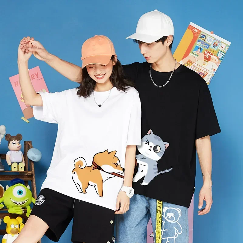Cartoon Cat Leads Dog Print for Couple Clothes High Quality Summer Fashion Crewneck Men Women Short Sleeve Tshirt