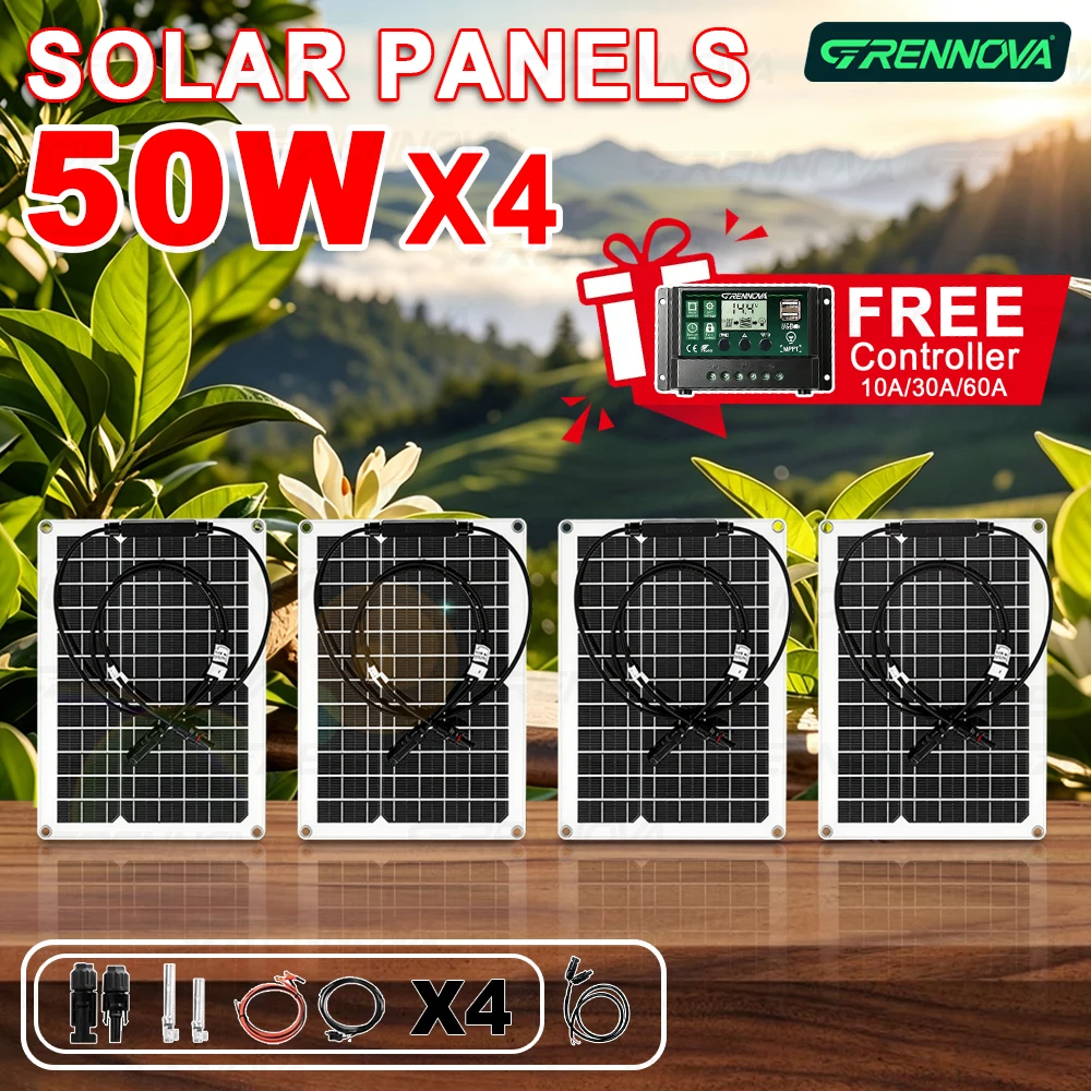 50W Outdoor Off Grid Solar Panel Kit （ 1-4PCS Free 60A Controller ）User Friendly for Garden Use RV Car Camping Battery Charging