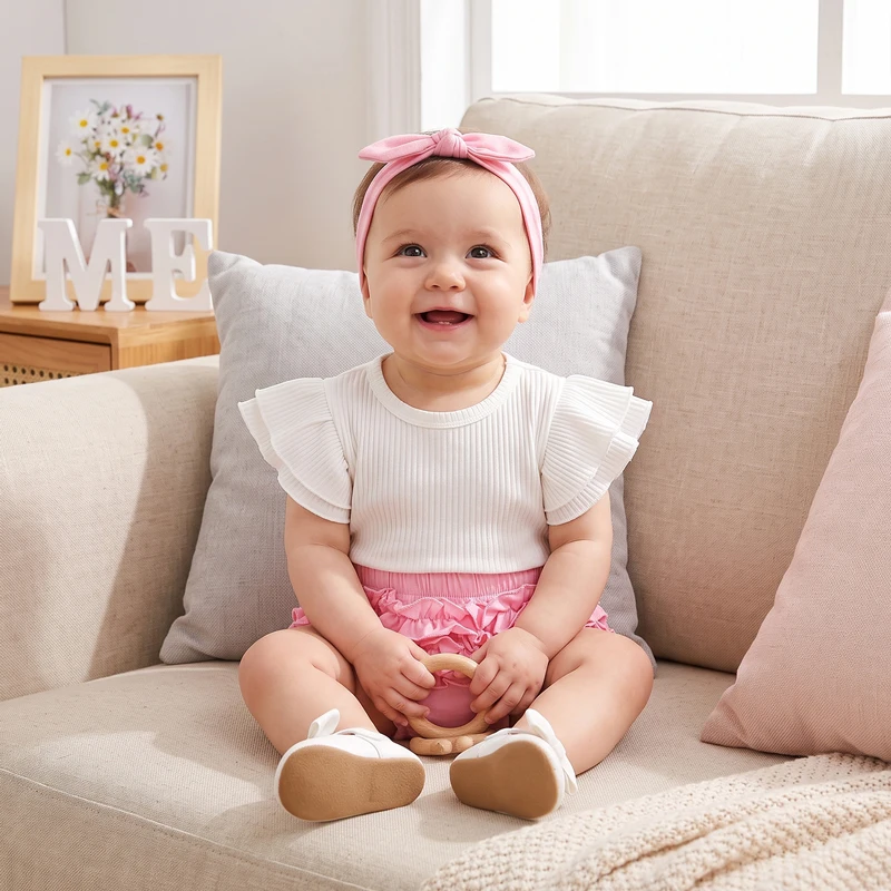 1 Set of Baby Tops with Short Sleeves and Pants, White and Pink, Lace Design, Suitable for 12-18 Months
