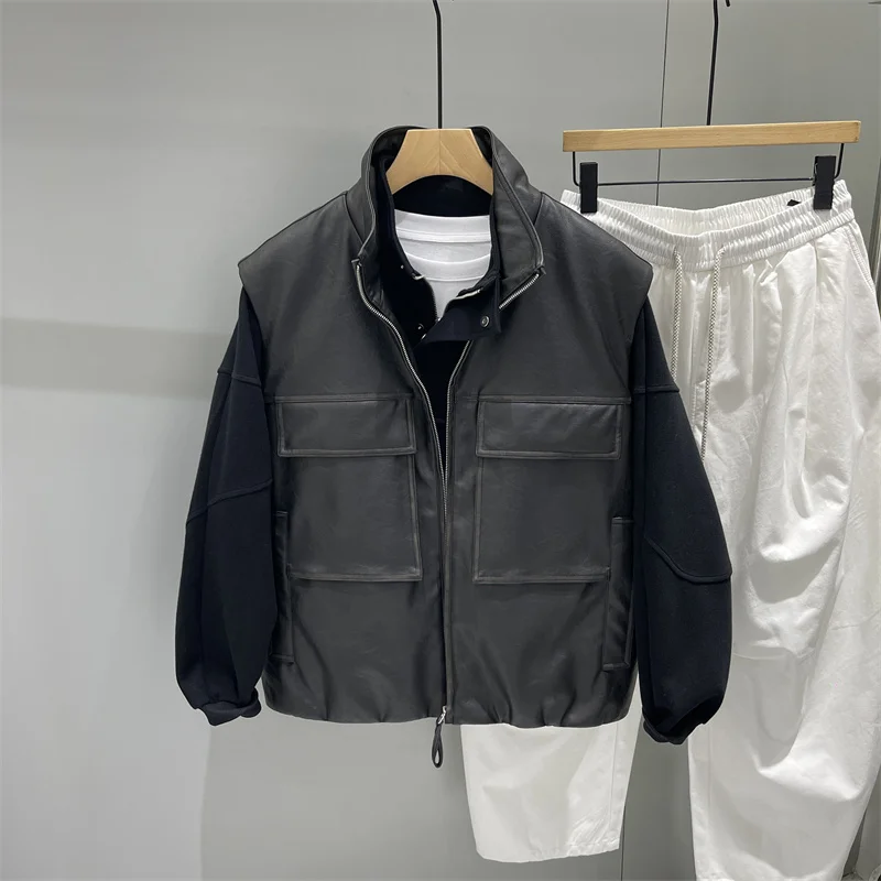 

Men's PU Leather Stand Collar down Vest Loose Fit Warmth Casual Workwear Sle Faionable Urban Youth Outerwear