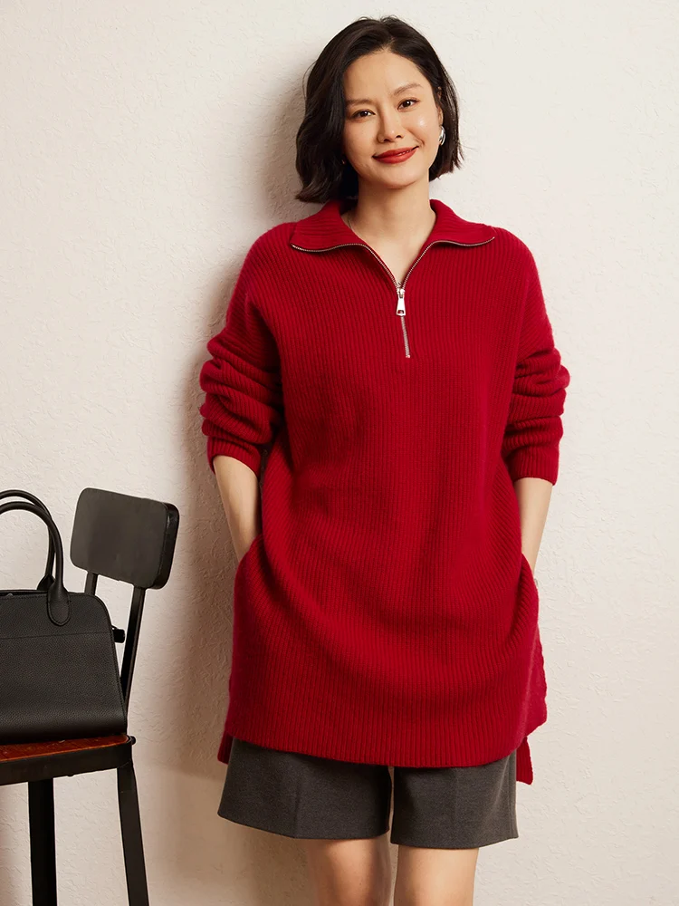 

Autumn Winter 100% Cashmere Pullover Sweater Female Clothing Polo Collar Half-Zip Soild Mid-calf Lazy Style Knitted Tops Fashion