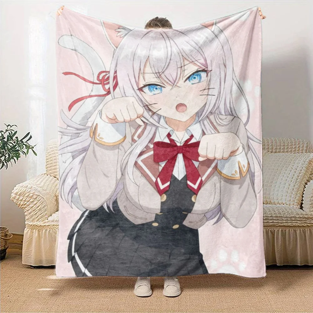 Soft Plush Blanket with Anime Girl & Cat Design - All-Season Cozy Throw for Bed, Sofa, or Home Decor, Perfect for Bedroom, Livin