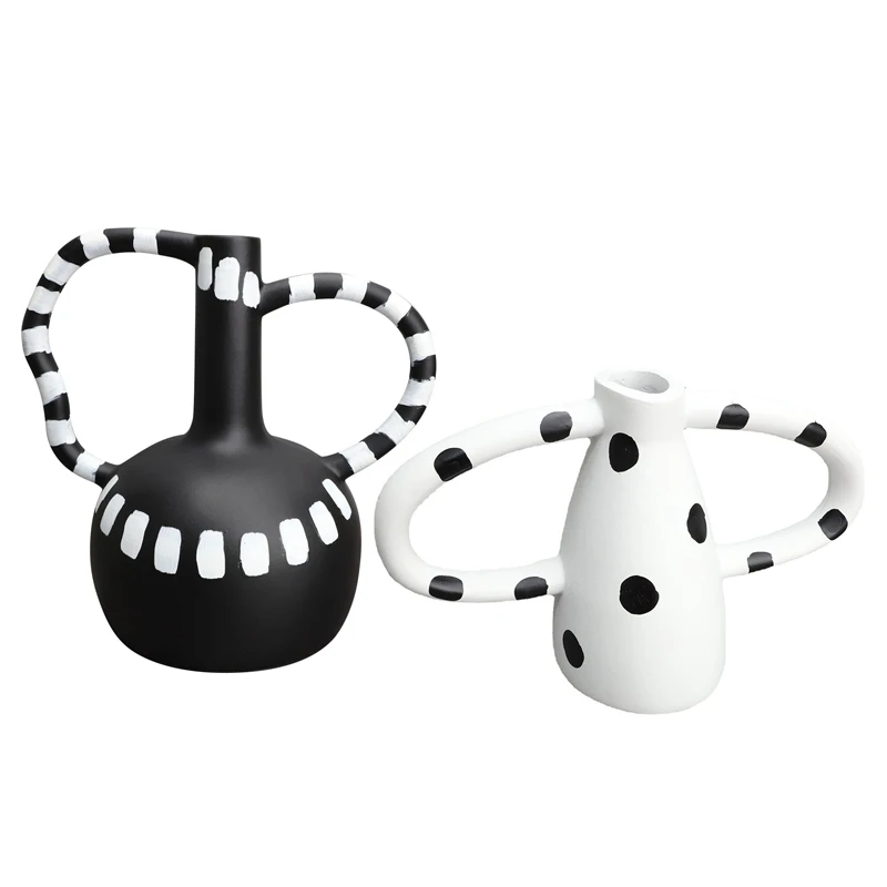 1PCS Reative Resin Vase Black And White Spots Wave Point Flower Arrangement Abstract Handicraft For Home Decoration