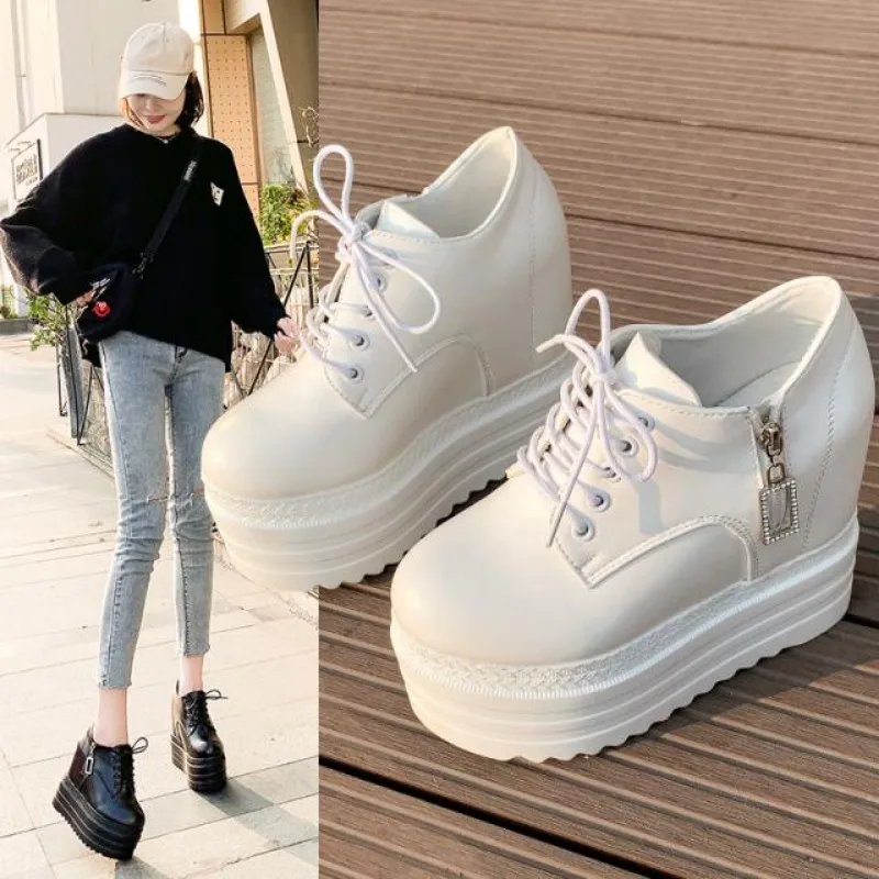 New High Heels Wedges Platform Sneakers 13CM Height Increasing Women Pu Leather Shoes Comfortable Casual Ladies Tennis Shoes
