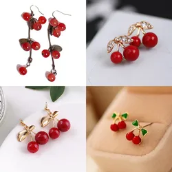 Fashion Cherries Earrings Sweet Crystal Earring Red Style Metal Stud Leaf Earrings For Women Jewelry wholesale