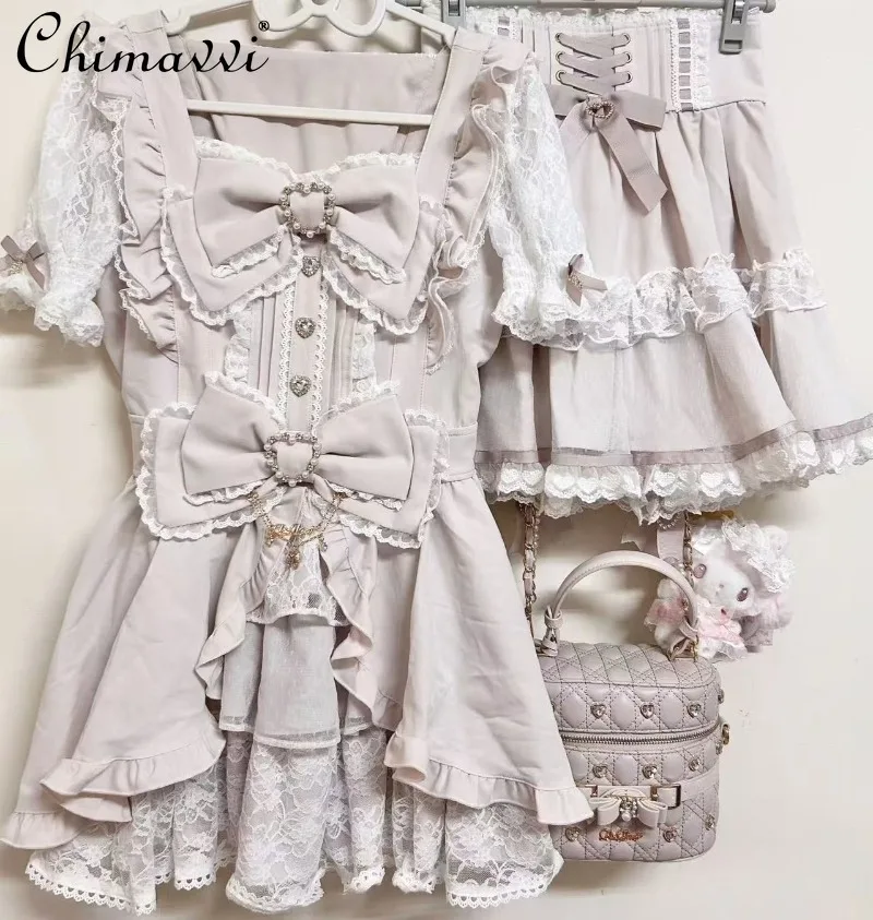 

Liz Princess Dress Set Japanese Mass-produced Sweet Bow Dress and Short Skirt Set Elegant Girls Women Lolita Two-piece Outfit