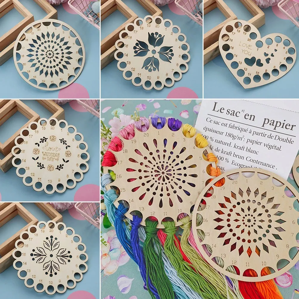 

6PCS Flower Portable Cross Stitch Storage Board Set Yarn Holder Embroidery Organizer Sewing Thread Plate Wooden Durable Compact