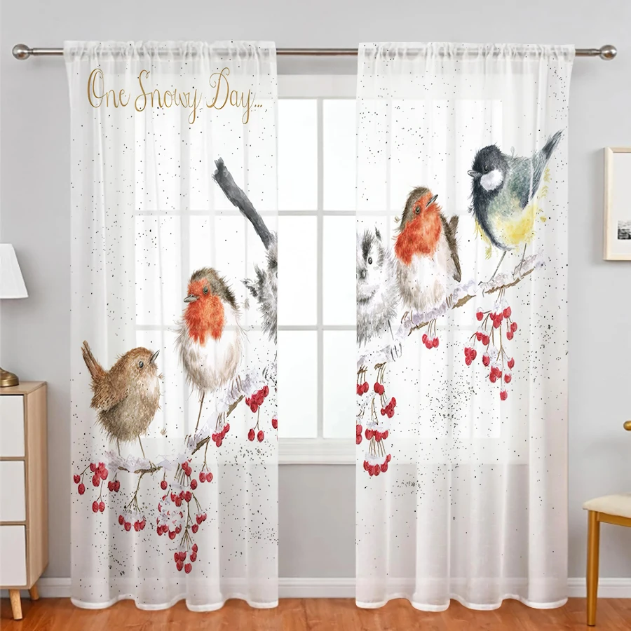 Curtain Sheer Voile - 2PCS Sheer Curtains Winter Bird Red