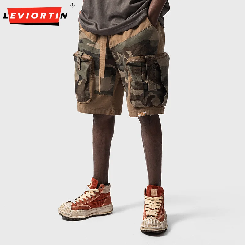 Hip Hop Herren Camo Shorts Hosen Sommer Multi Pocket Camouflage Patchwork Retro High Street männlich weites Bein Fünf-Punkt-Cargo hose